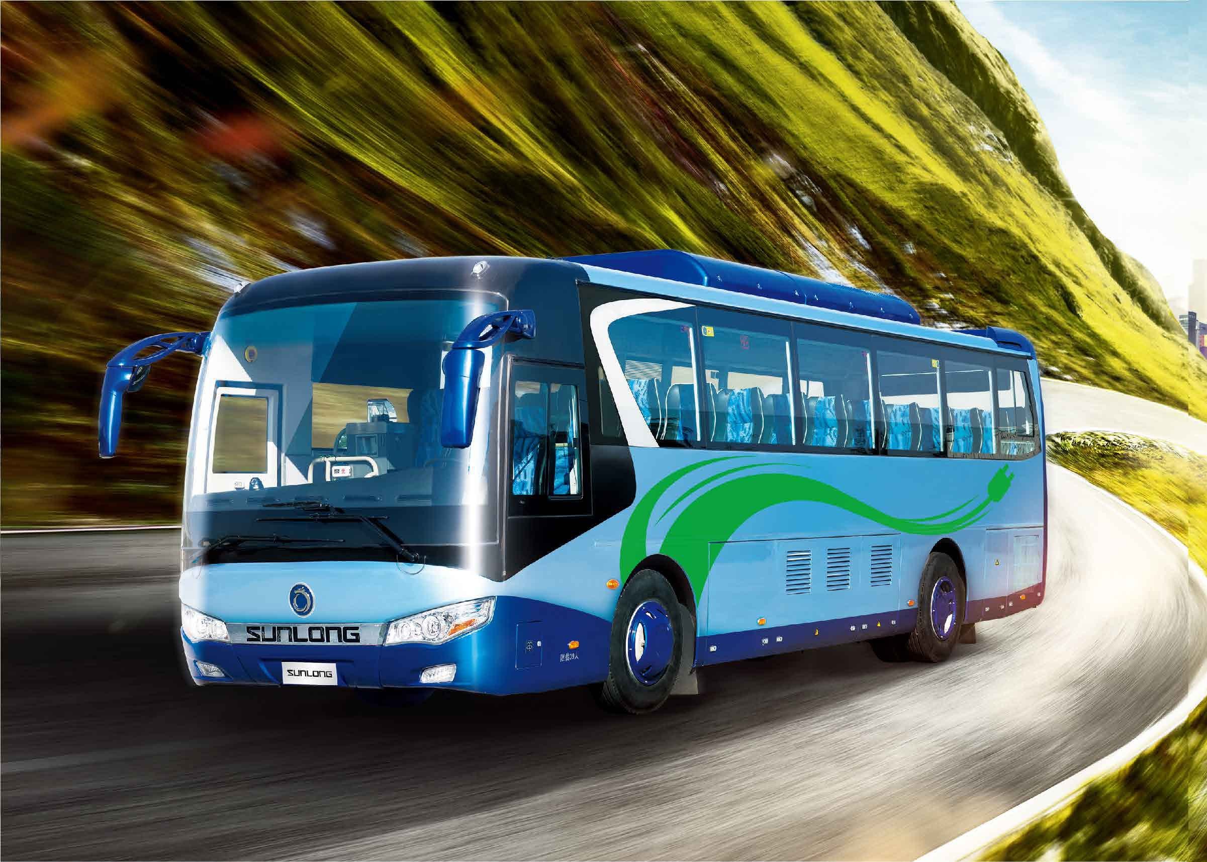 Sunlong SLK6128EV series electric bus on a scenic mountain road